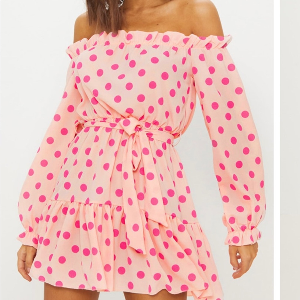 Pink polka dot off the shoulder dress
